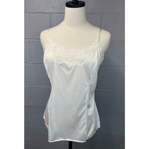 Vintage 1980s Wonder Maid White Nylon Camisole Lingerie Top w/ Lace Trim  Sm/Med